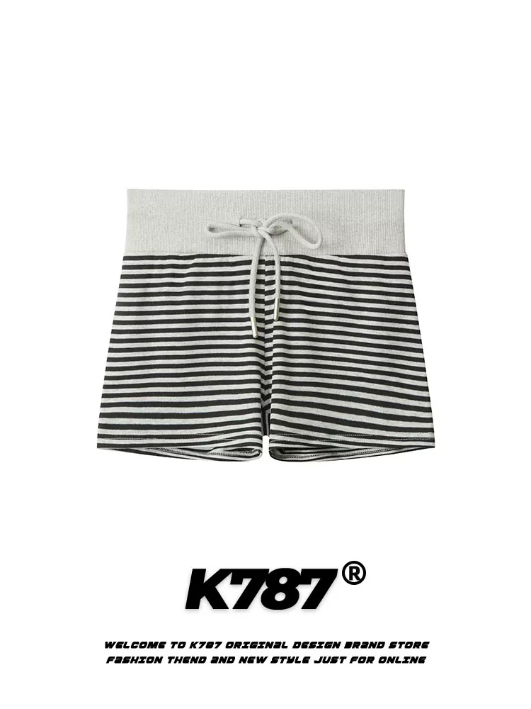Quần short nữ K787 kiểu Mỹ cổ điển, sọc, dây rút, lưng rộng, phong cách thường ngày, quần thể thao ôm sát, dáng thẳng, tôn dáng, thích hợp cho mùa hè