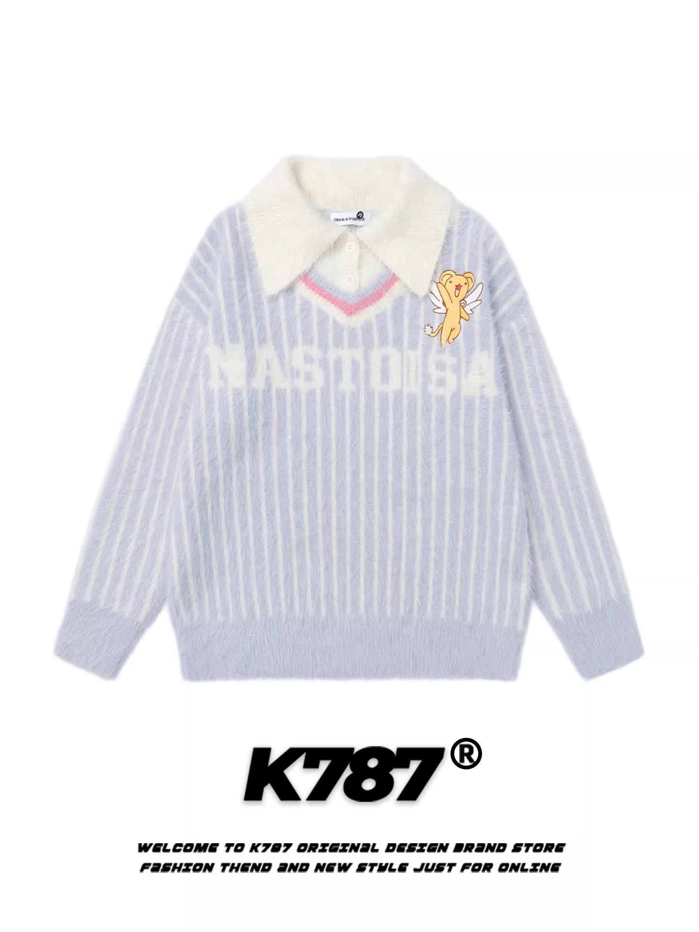 Áo len dệt kim giả hai lớp kiểu đường phố Mỹ K787 dành cho nữ, phối họa tiết sọc dọc, thêu hoạt hình, kiểu áo polo, phong cách áo khoác len học sinh.