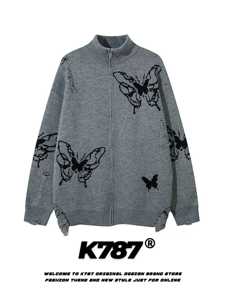 Áo cardigan dệt kim thiết kế hip-hop cá tính K787, kiểu dáng bướm, unisex, phong cách retro Mỹ, áo khoác cặp đôi
