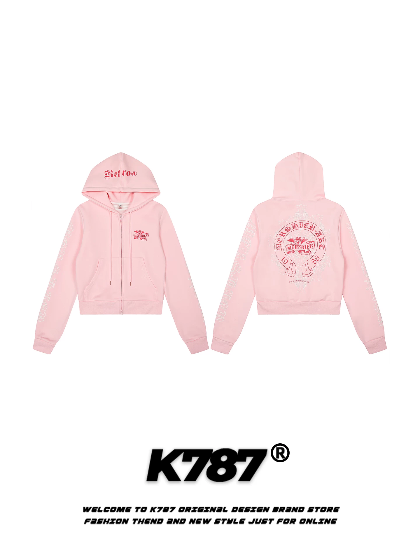 Áo hoodie in chữ phong cách Mỹ K787 dành cho nữ, áo khoác cardigan ngắn màu hồng ngọt ngào và mát mẻ có khóa kéo