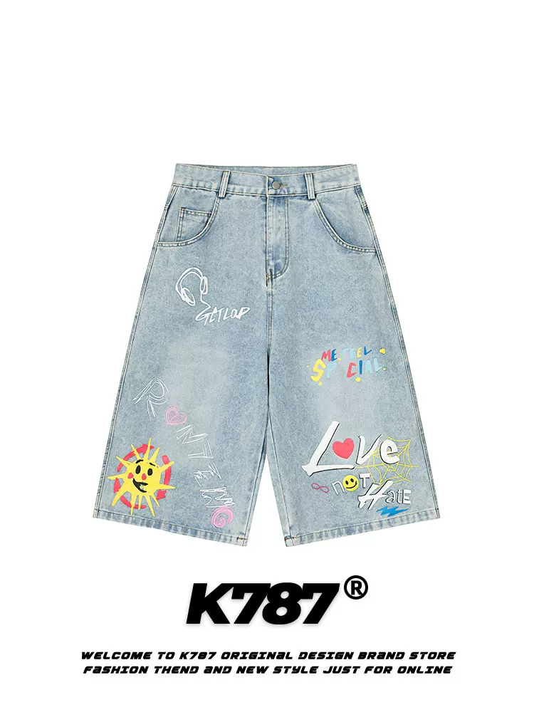 Quần short denim kiểu Mỹ K787 với họa tiết graffiti vui nhộn, phong cách đường phố unisex, quần ống rộng đa năng, kiểu dáng ôm dáng, quần lửng