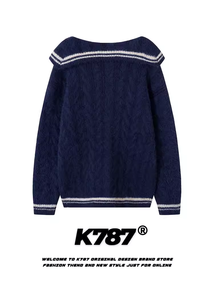 Áo len cổ tròn kiểu Nhật Bản cổ điển K787 dành cho nữ, phong cách vintage sọc, kiểu áo len đại học, áo len đa năng