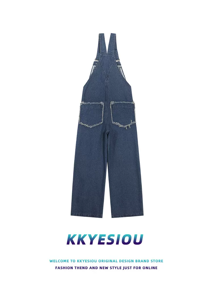 Quần yếm denim thêu hình chó phong cách retro Mỹ, unisex, đa năng, kiểu dáng học sinh, thương hiệu KKyesiou