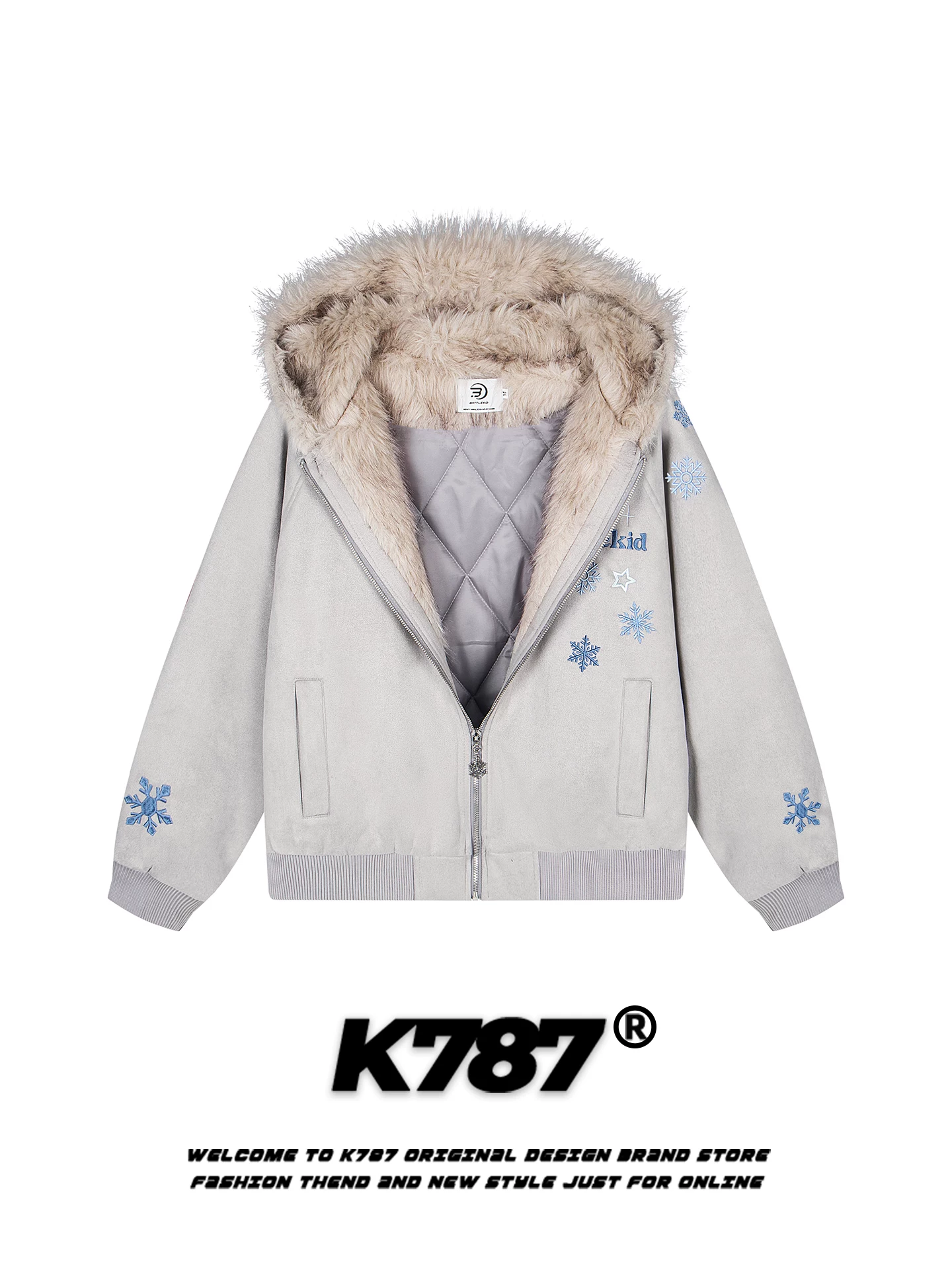Áo khoác cotton có mũ trùm đầu, cổ lông thêu hình bông tuyết kiểu Mỹ cổ điển K787 dành cho nam và nữ, chất liệu da lộn may chần bông giữ ấm, áo khoác mùa đông dành cho cặp đôi