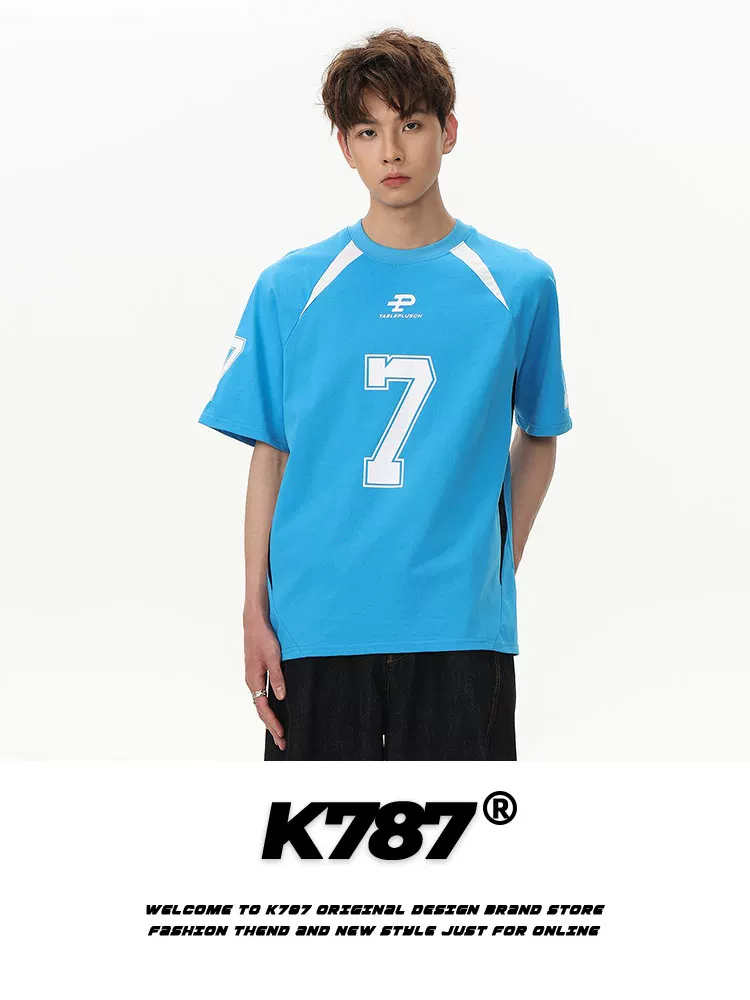 K787 Áo thun ngắn tay phong cách retro đường phố Mỹ phối màu unisex, kiểu dáng rộng rãi, in họa tiết, dành cho cặp đôi, tay lửng