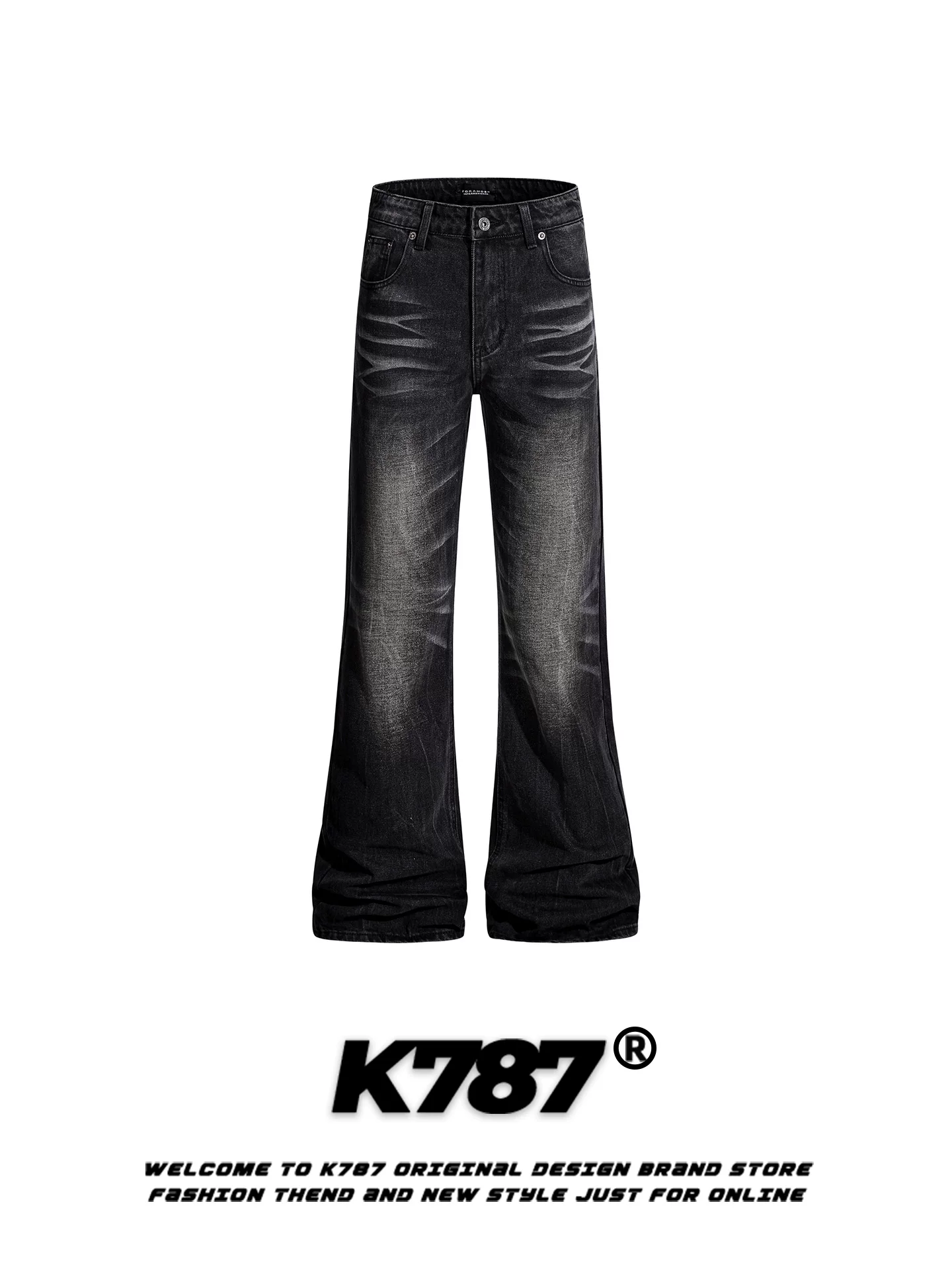 Quần jeans K787 kiểu Mỹ cổ điển, xước, phai màu, dành cho nam và nữ, dáng rộng, tôn dáng, cạp cao, phong cách đường phố, quần ống loe đa năng