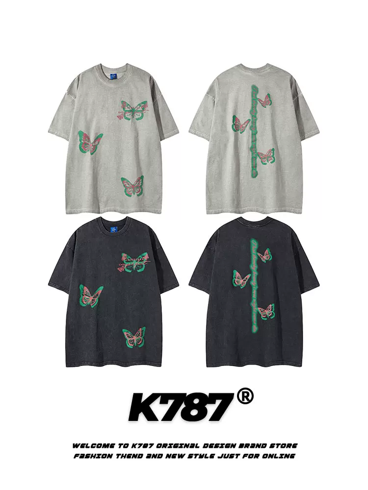 K787 Áo thun ngắn tay họa tiết graffiti bướm cổ điển của Mỹ dành cho nam và nữ áo thun oversize đa năng áo thun đôi dáng rộng