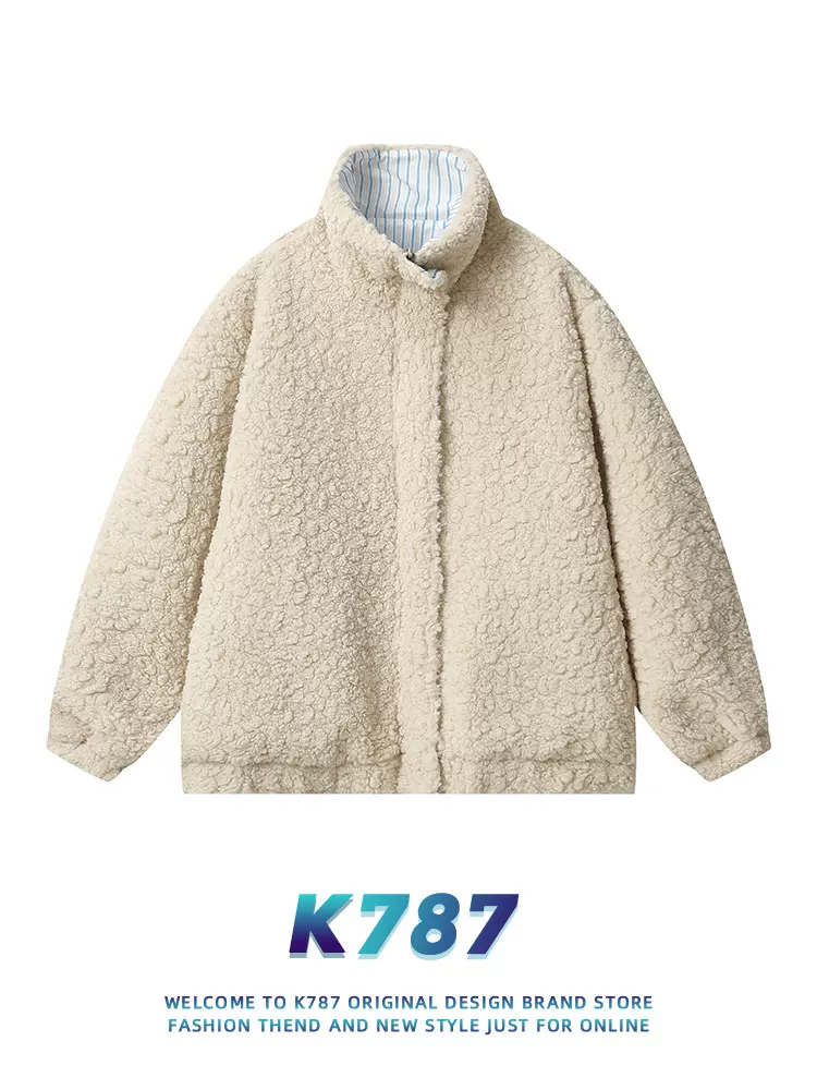 Áo khoác cotton dày dặn hai mặt kẻ sọc kiểu Mỹ cổ điển K787 dành cho nam và nữ, mùa đông 2024, áo khoác đôi