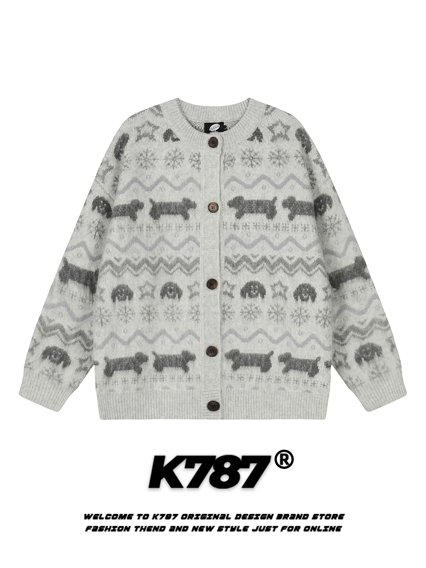 Áo len cardigan kiểu đường phố Mỹ K787 họa tiết Fair Isle vui nhộn dành cho nam và nữ, phong cách lười biếng, dáng rộng, chất liệu len giảm tuổi tác cho mùa đông.