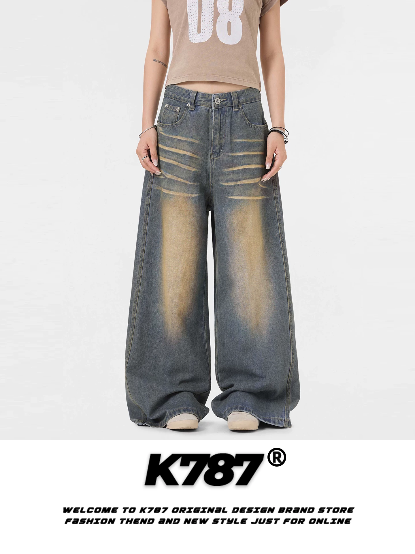 Quần jeans K787 kiểu Mỹ cổ điển màu vàng đất, xước cũ, dành cho nam và nữ, cạp cao, kiểu dáng thời thượng, rộng rãi, thẳng, phong cách đường phố, quần ống rộng