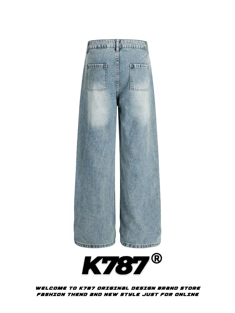 Quần jeans in chữ graffiti phong cách đường phố Mỹ K787 dành cho nam và nữ, cạp cao, đã qua xử lý làm mềm, dáng rộng ống thẳng