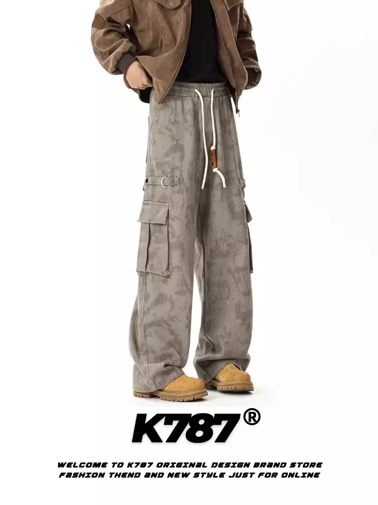Quần cargo kaki kiểu Mỹ cổ điển K787 nhiều túi, dây rút, họa tiết rằn ri dành cho nam, dáng rộng, phong cách đường phố, cạp cao, ống thẳng, quần thể thao