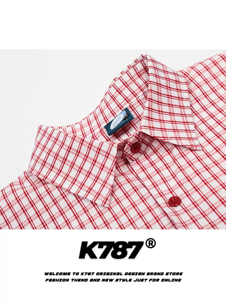 K787 Áo sơ mi ngắn tay kẻ sọc in họa tiết cổ điển kiểu Mỹ dành cho nam và nữ, áo nửa tay dáng rộng phong cách đại học giản dị cho mùa hè