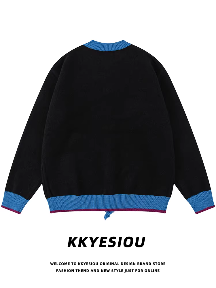 Áo len cặp đôi phong cách retro Mỹ, sọc xanh, kiểu preppy, áo khoác len cổ điển nam nữ