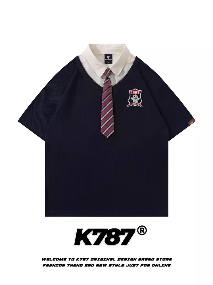 K787 Áo sơ mi POLO phong cách đại học đa năng theo phong cách retro Mỹ dành cho nam và nữ, áo thun ngắn tay giả hai mảnh có dây buộc thông thường