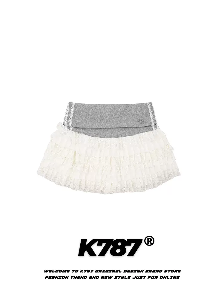 Váy bánh bèo xếp tầng ren phối chất liệu K787 phong cách đường phố Mỹ, cạp cao, chống lộ, dáng chữ A, ngắn, dành cho mùa hè