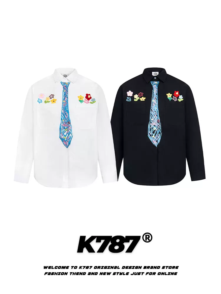 K787 Áo sơ mi dài tay họa tiết graffiti cổ điển kiểu Mỹ dành cho nam và nữ, áo cặp đa năng phong cách đại học vui nhộn