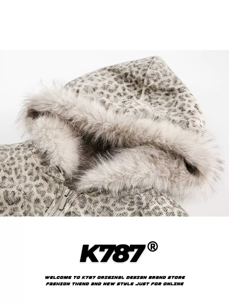 Áo khoác cotton dày dặn cổ lông phong cách Mỹ cổ điển K787, họa tiết báo đốm, unisex, mùa đông 2025, có mũ, dành cho cặp đôi