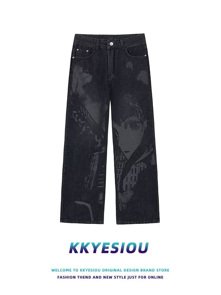 Quần jean in hình hoạt hình hai chiều theo phong cách retro của Mỹ của KKyesiou dành cho nam và nữ quần thẳng hiphop thông thường