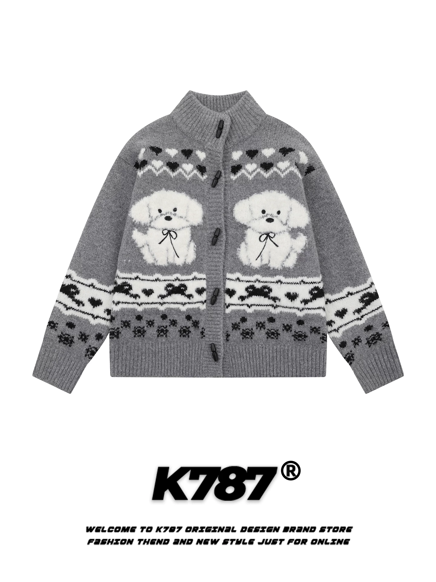 Áo cardigan len dệt kim kiểu đường phố Mỹ K787 họa tiết chó ngộ nghĩnh dành cho nam và nữ, có khuy cài, kiểu dáng dân tộc, áo len ngắn.