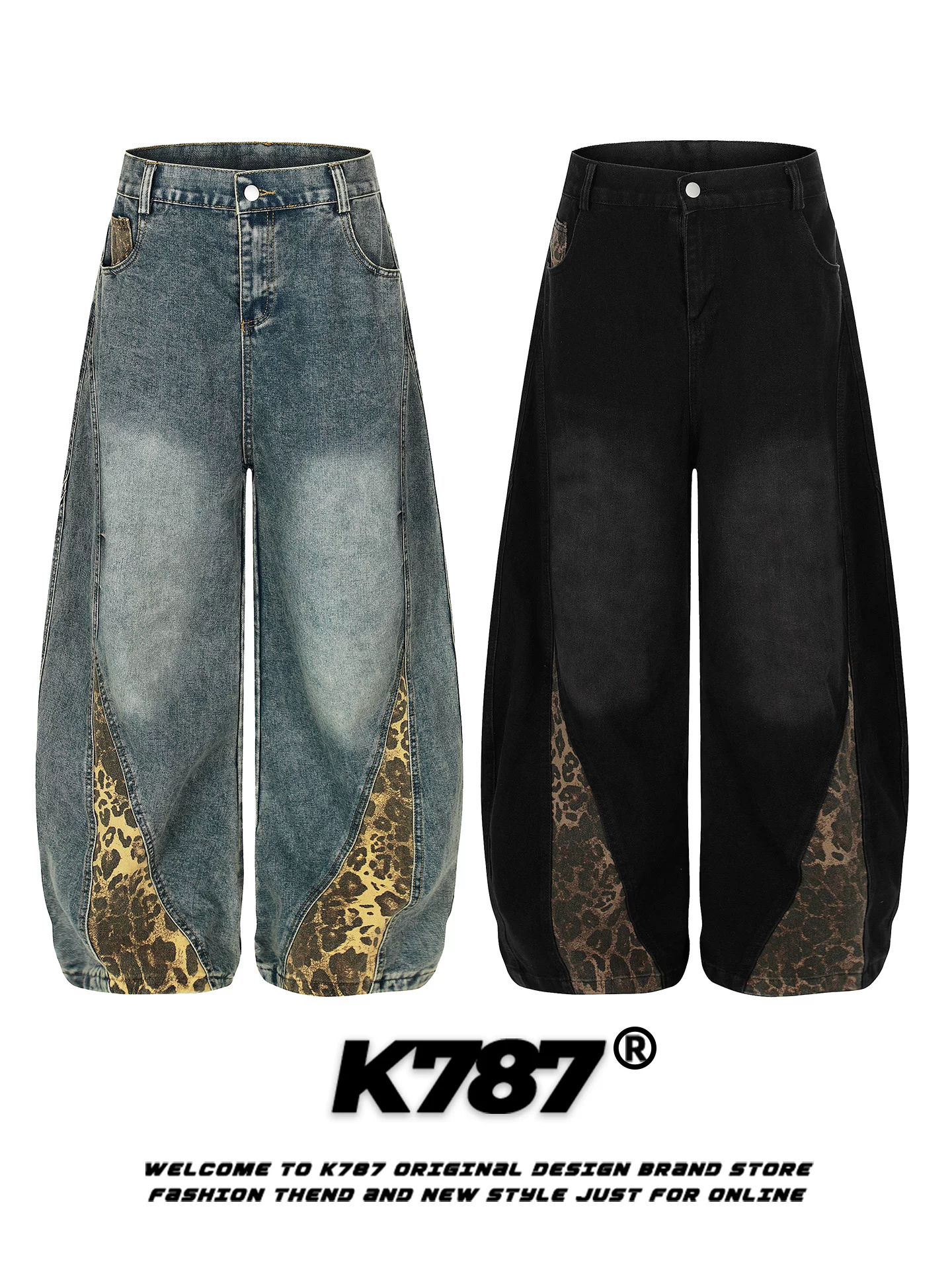 Quần jeans unisex kiểu dáng rộng, đa năng, phong cách retro Mỹ, họa tiết da báo ghép mảnh, thiết kế phá cách, kiểu dáng quần ống rộng, thích hợp đi làm.