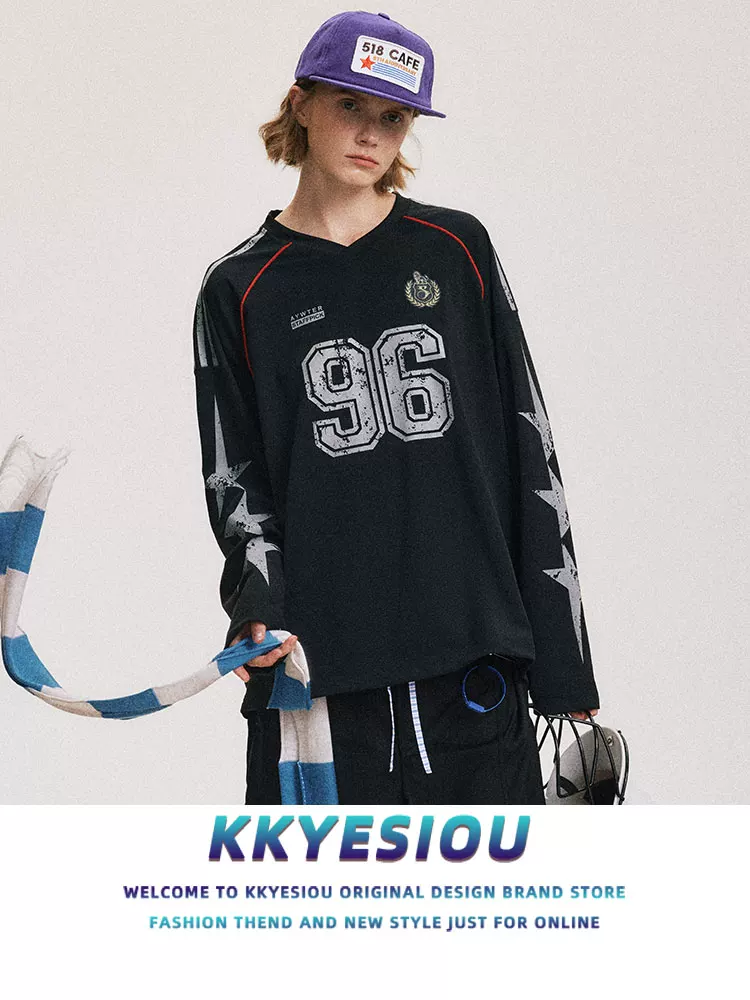 Áo nỉ thể thao đường phố cổ điển kiểu Mỹ KKyesiou, unisex, rộng rãi, đa năng, số 96, áo đôi