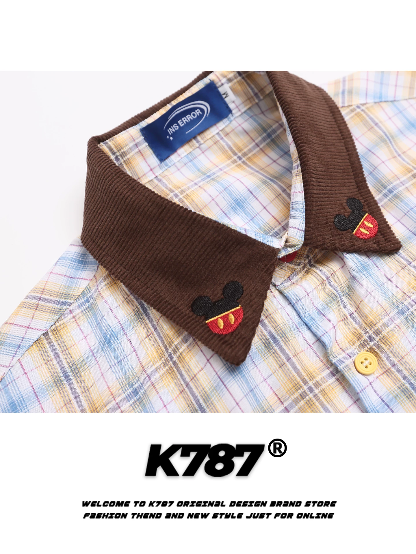 K787 Áo sơ mi dài tay kẻ sọc thêu hoạt hình cổ điển kiểu Mỹ dành cho nam và nữ, quần áo công sở dáng rộng giản dị áo sơ mi cặp đôi