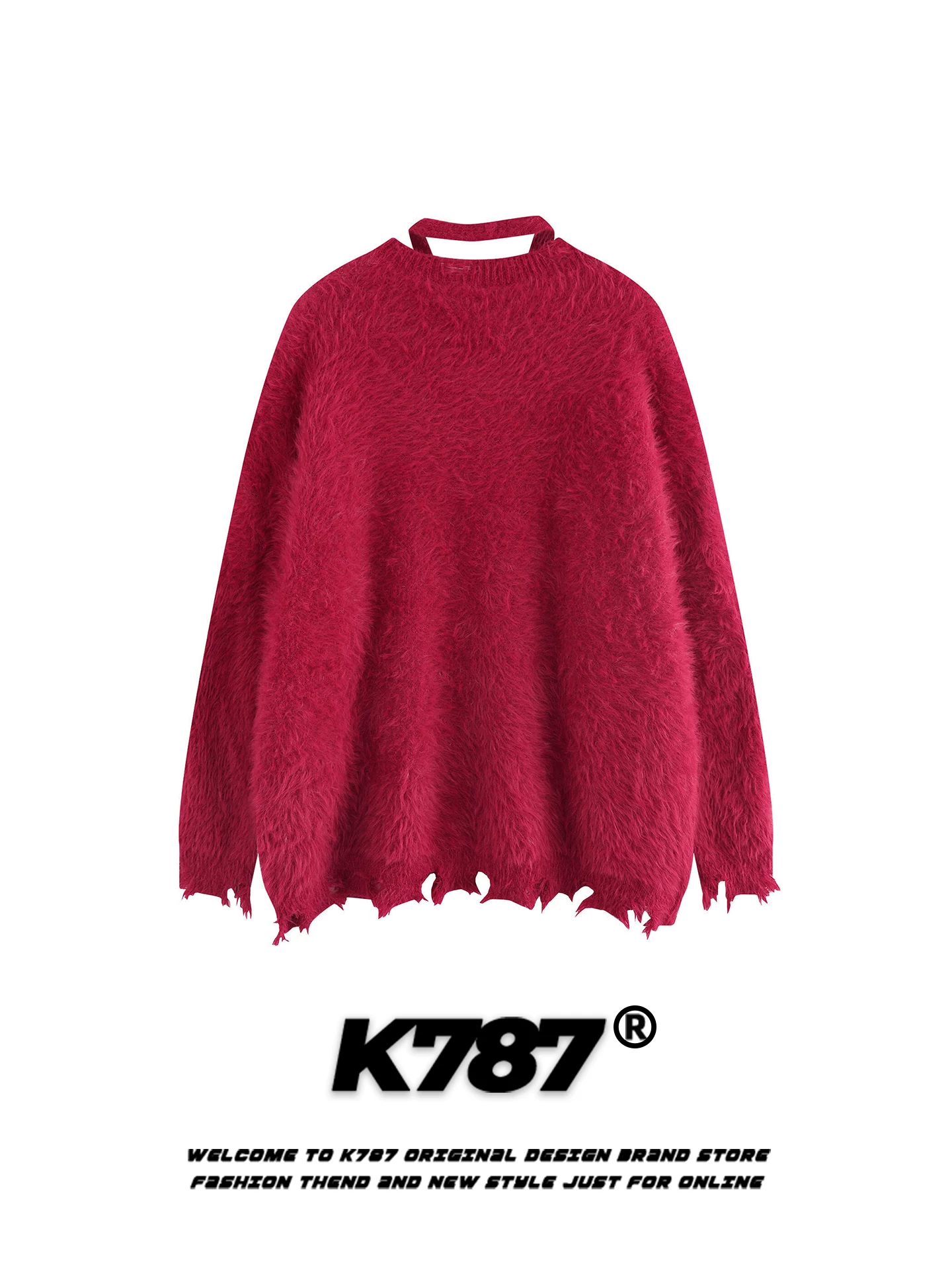 Áo len nữ cổ tròn kiểu halter, họa tiết bướm jacquard retro Mỹ, thiết kế rách cá tính, dáng rộng, chất liệu len đỏ ngọt ngào và cá tính.