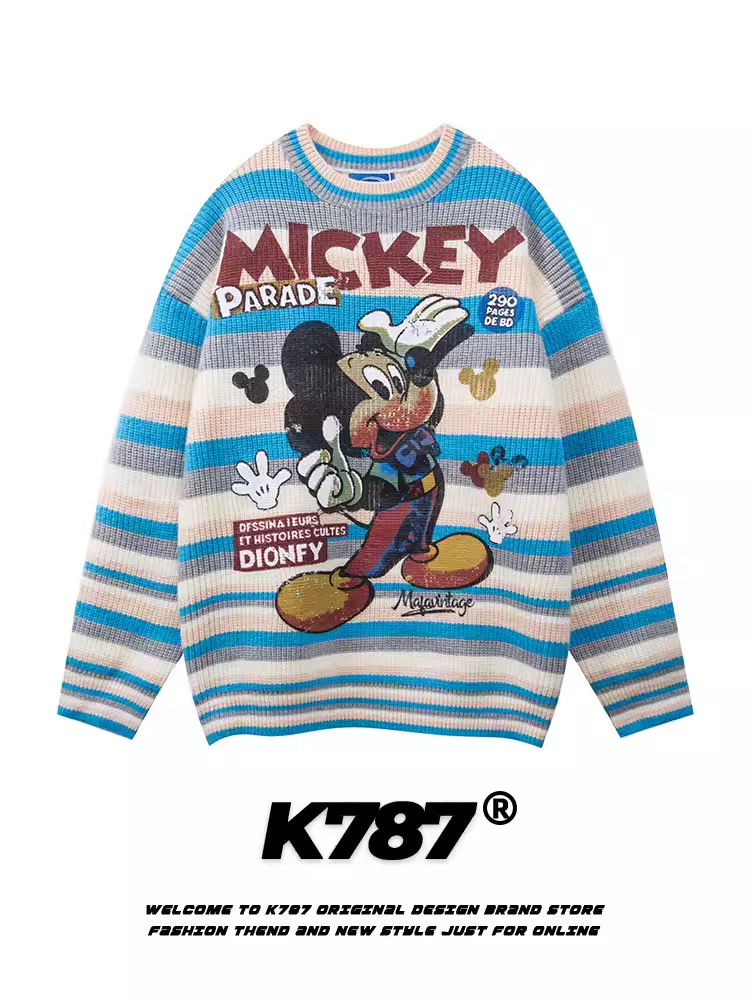 K787 Áo len dệt kim sọc cổ điển kiểu Mỹ áo len unisex áo len in hình đa năng phong cách đại học áo len cặp đôi