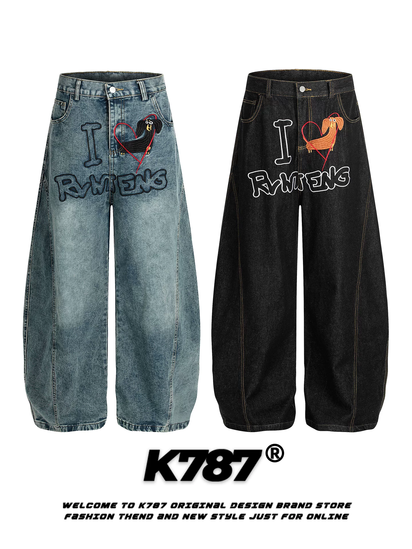 Quần jeans thêu chữ kiểu đường phố Mỹ K787 dành cho nam và nữ, cạp cao, dáng rộng, chất liệu washed, phong cách casual.