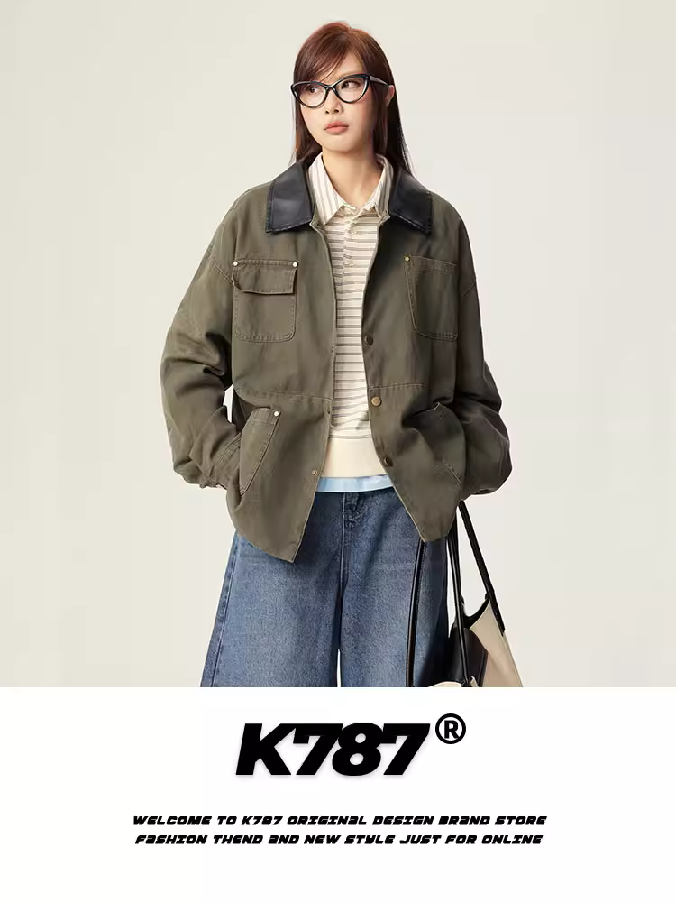 Áo khoác da PU phối màu phong cách retro Mỹ K787, kiểu dáng unisex, nhiều túi, phong cách thợ mộc, áo khoác đôi.