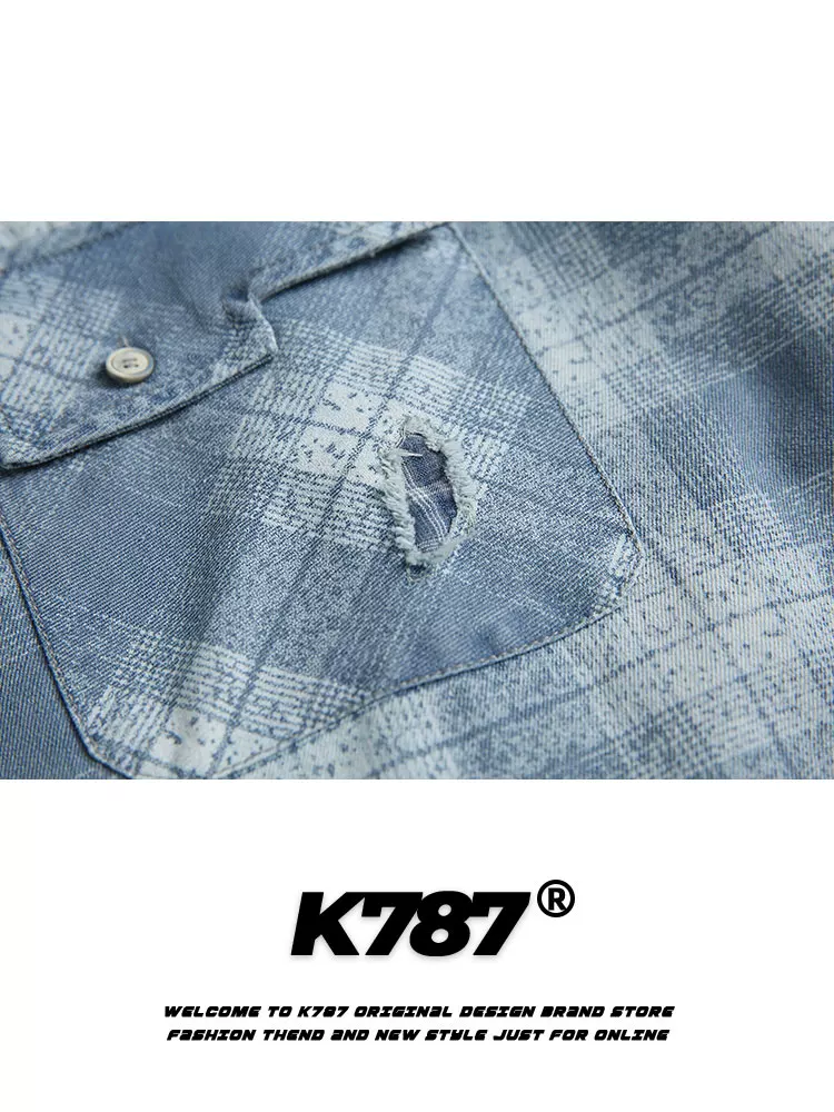 Áo sơ mi ngắn tay kiểu Mỹ cổ điển K787, họa tiết ca rô, phong cách casual, thiết kế rách cá tính, dành cho nam và nữ, kiểu dáng vintage, rộng rãi, đa năng, kiểu cardigan nửa tay.