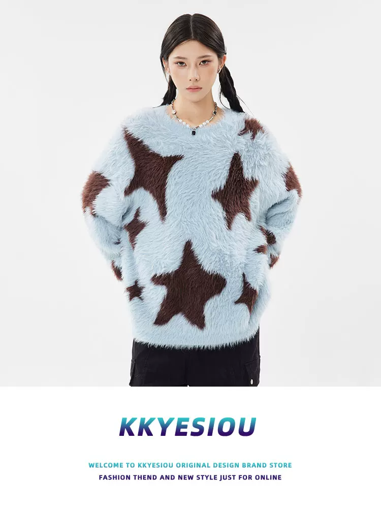 Áo len dệt kim hình sao mohair kiểu dáng cổ điển Mỹ, thương hiệu KKyesiou, unisex, dáng rộng, mặc thường ngày, dành cho cặp đôi