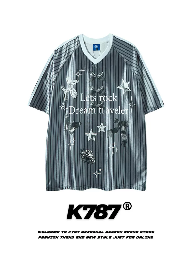 K787 Áo thun thể thao ngắn tay phong cách retro kiểu Mỹ dành cho nam và nữ, áo jersey cổ chữ V sọc, áo thun cặp đôi tay lửng rộng rãi.