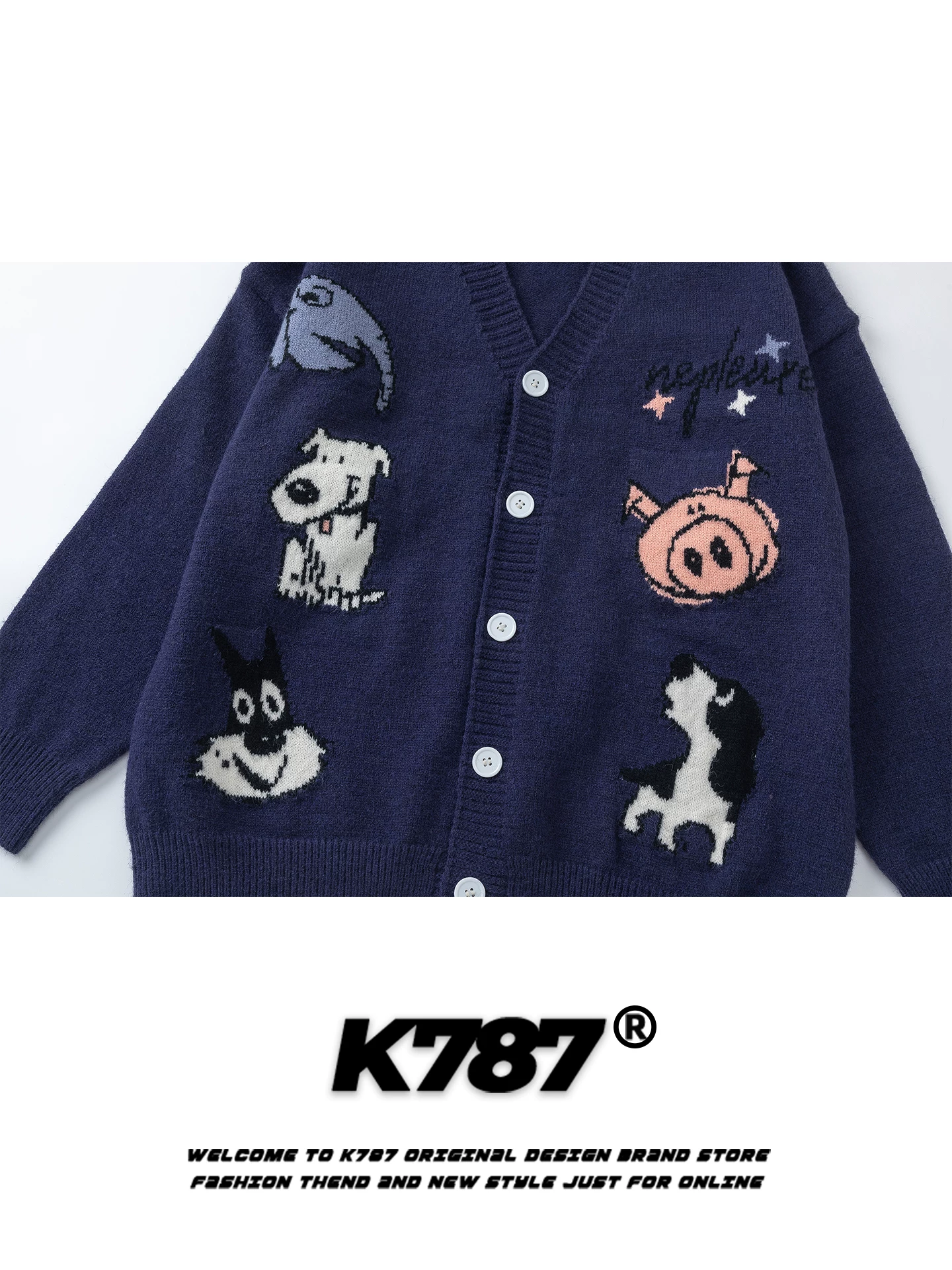 Áo len cardigan dệt kim họa tiết động vật cổ điển kiểu Mỹ K787 dành cho nữ, áo khoác dáng rộng cổ V phong cách thoải mái, thích hợp đi làm