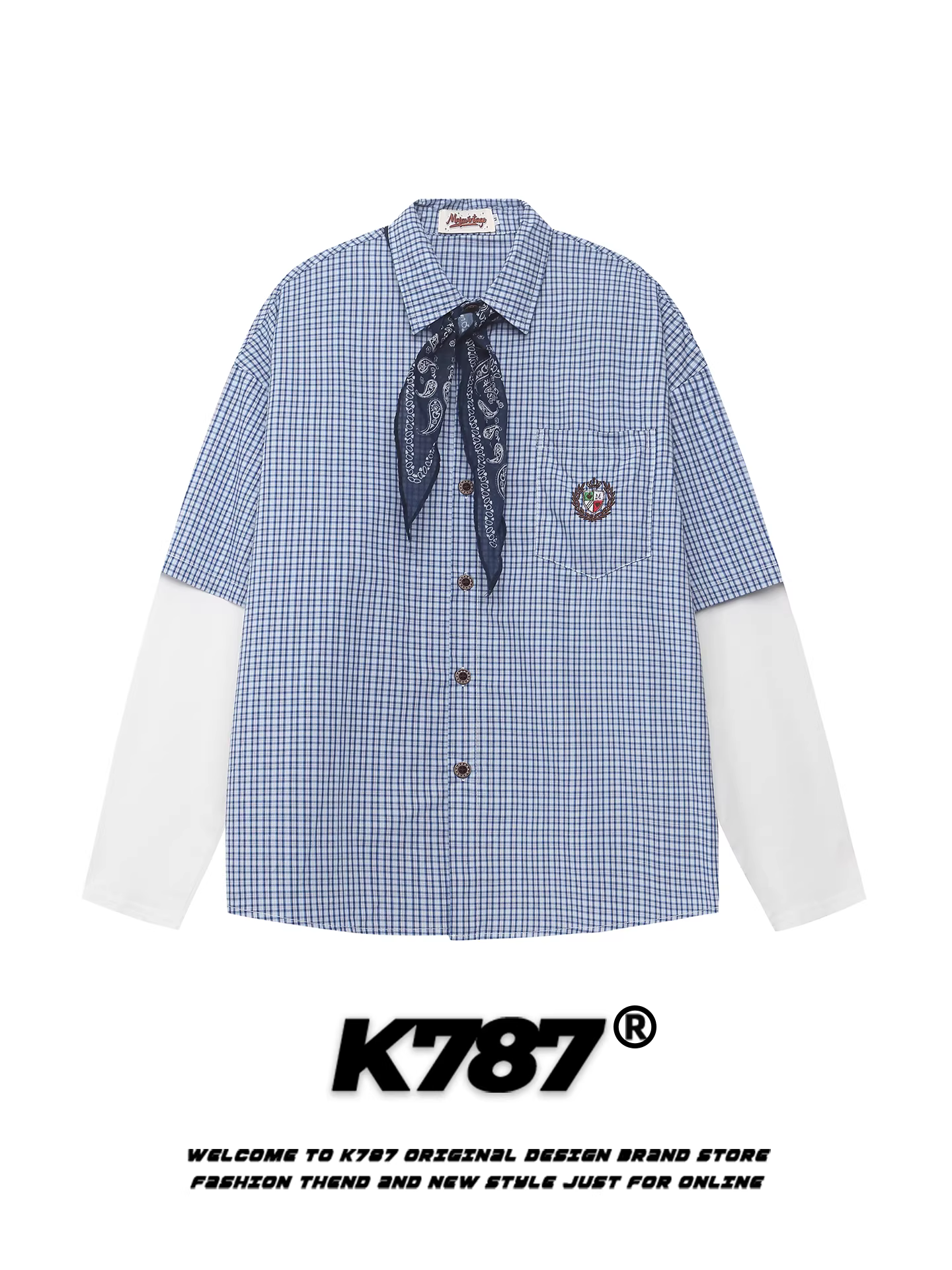 K787 Áo sơ mi dài tay giả hai mảnh kiểu Mỹ cổ điển dành cho nam và nữ, áo kiểu cặp đôi dáng rộng phong cách đại học