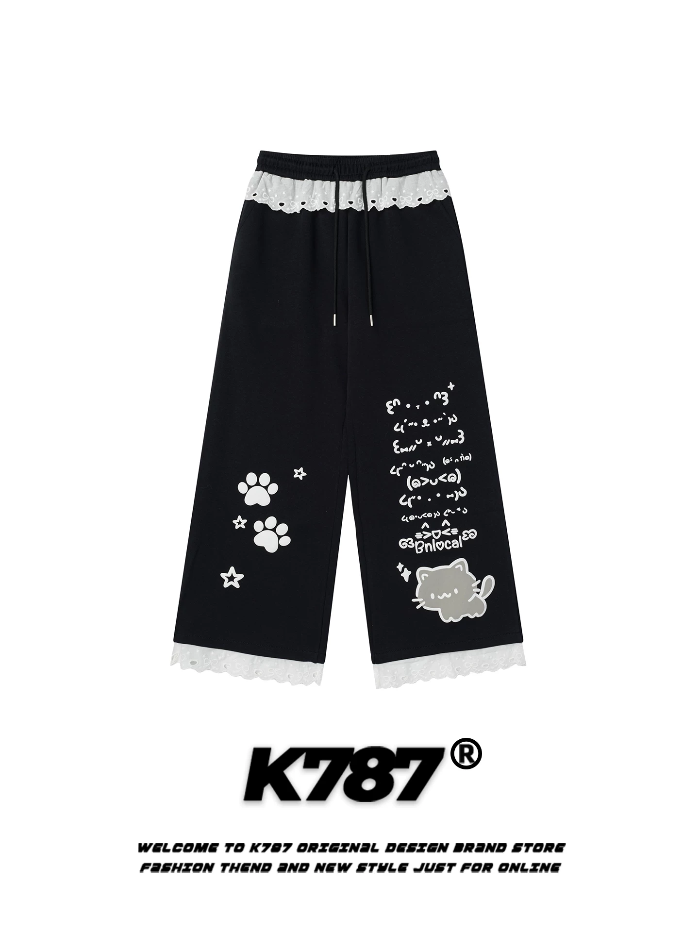 K787 Quần kiểu Nhật dễ thương hình mèo hoạt hình phối ren quần âu unisex lưng cao đa năng dáng rộng phối màu quần ống thẳng