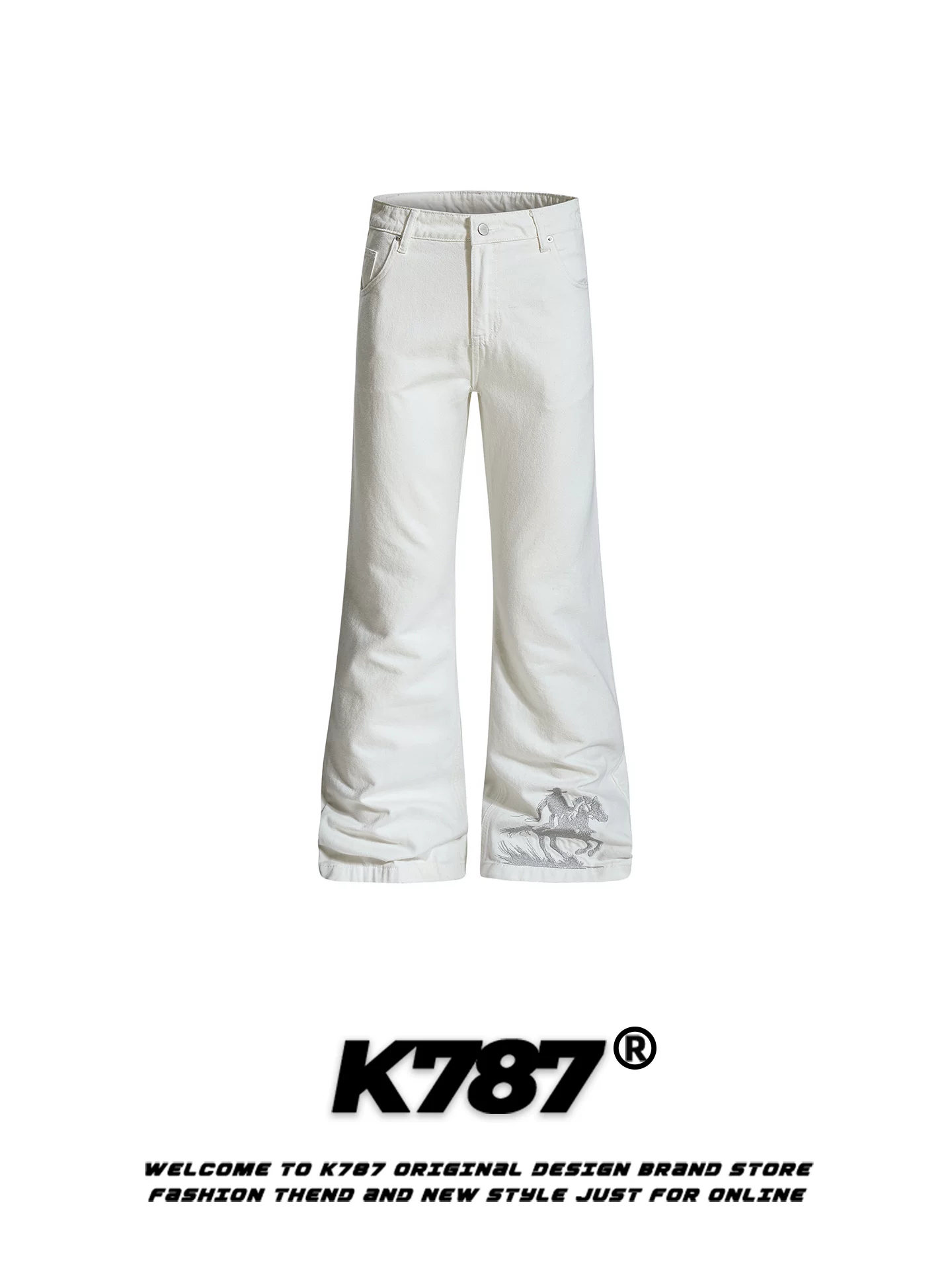 Quần âu rộng thùng thình thêu ngựa chiến cổ điển Mỹ K787, unisex, lưng cao, thời trang, tôn dáng, dài chấm đất