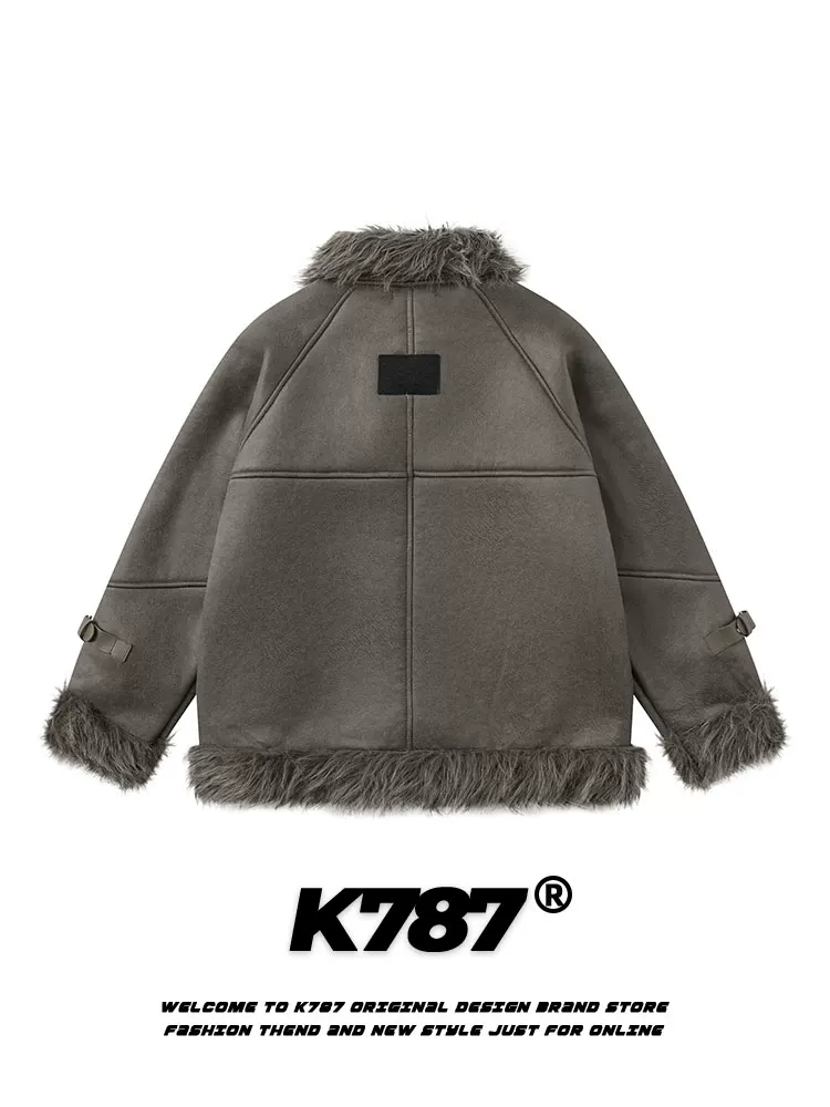 Áo khoác da lộn dày có cổ lông kiểu Chanel K787 dành cho nam và nữ, áo khoác cotton đệm theo xu hướng quốc gia cổ điển của Mỹ.