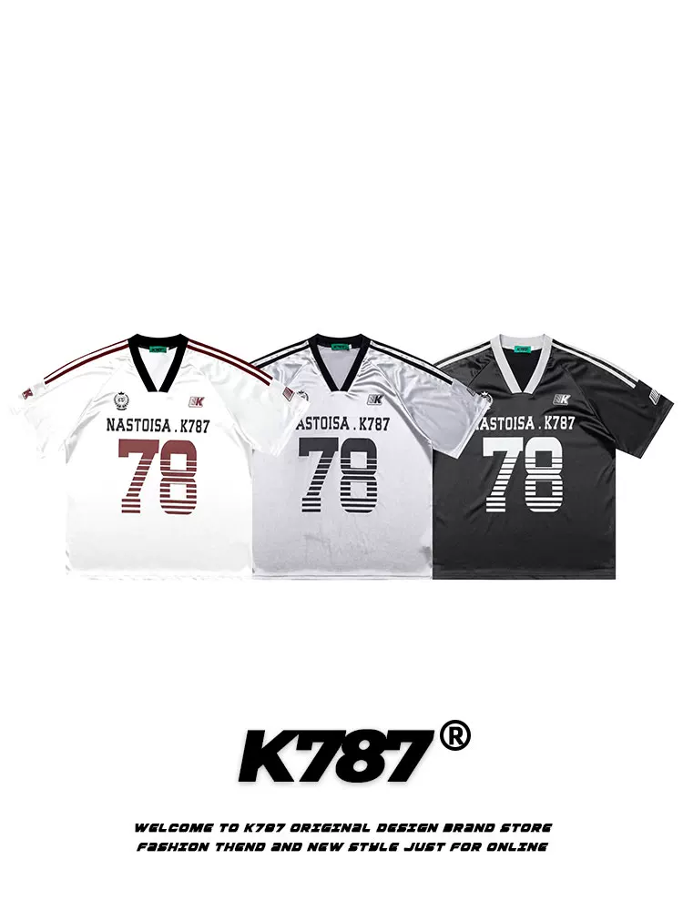 K787 Áo thể thao satin acetate cổ điển kiểu Mỹ nửa tay áo unisex blokecore sọc cổ chữ V ngắn tay áo thun