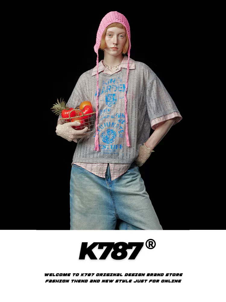 K787 Áo sơ mi POLO giả hai mảnh kiểu cổ điển kiểu Mỹ dành cho nam và nữ, áo thun ngắn tay in họa tiết phong cách đại học