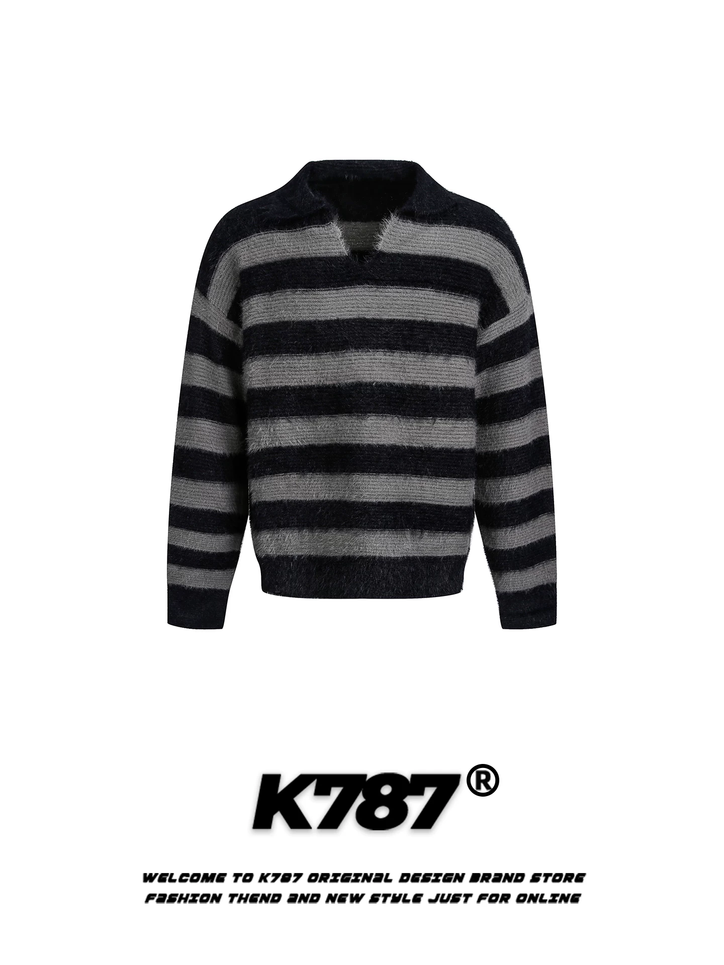 Áo len cổ chữ V sọc mohair màu cổ điển Mỹ K787 dành cho nữ, phong cách ấm áp và thoải mái, áo len cặp đôi