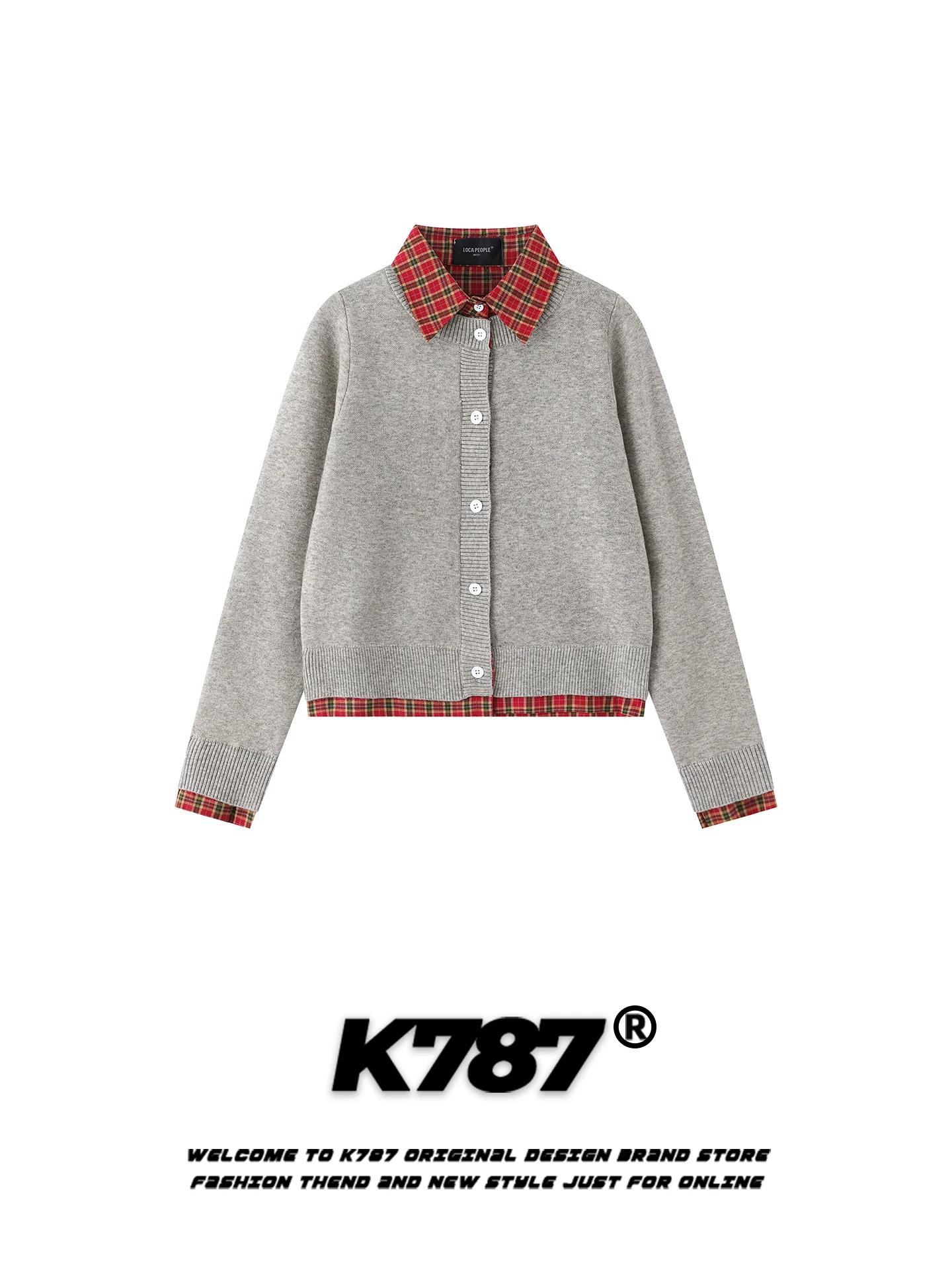 Áo len cardigan giả hai mảnh kiểu Mỹ cổ điển K787, phối họa tiết ca rô, dáng ôm, màu đỏ đậm, chất liệu len ngắn dành cho nữ
