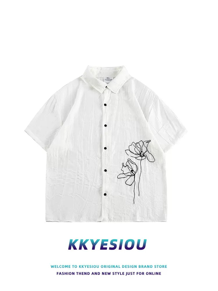 Áo sơ mi ngắn tay thêu hoa hồng phong cách Trung Quốc mới của KKyesiou dành cho nam và nữ, xu hướng quốc gia, áo có cổ kiểu Trung Quốc dành cho cặp đôi