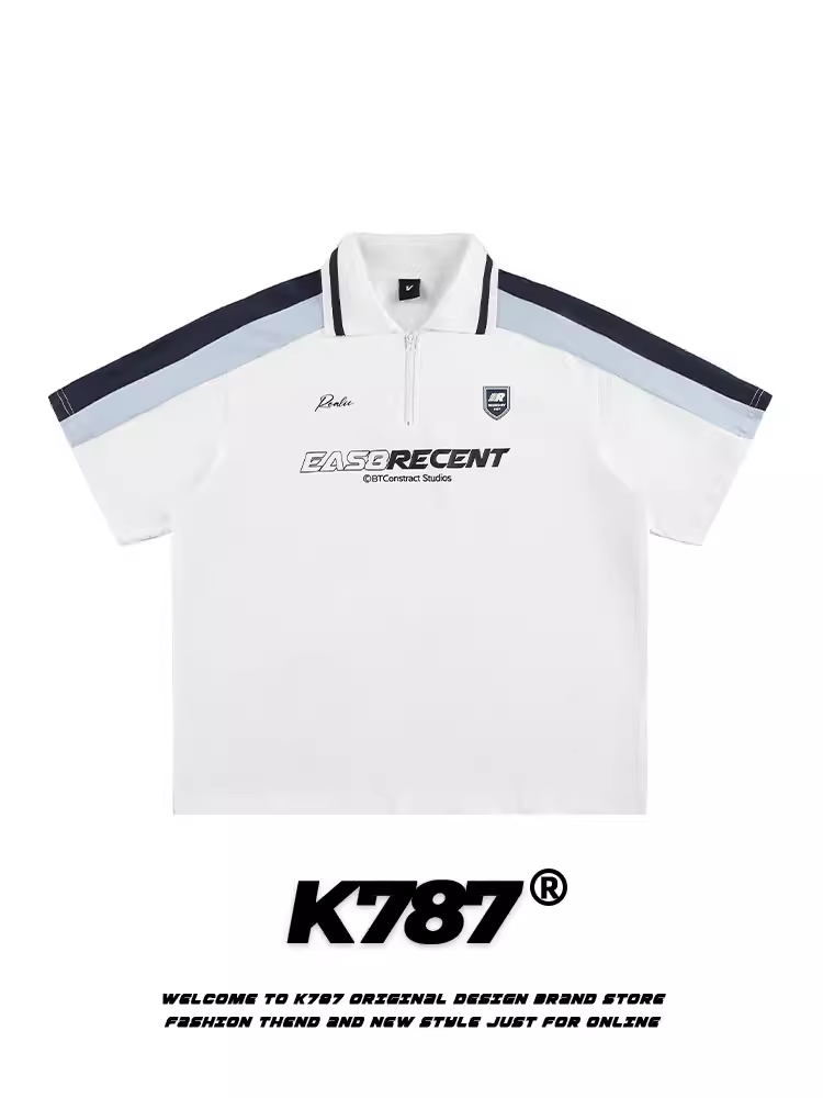 Áo sơ mi POLO phối sọc cổ điển kiểu Mỹ K787 dành cho nam và nữ, phong cách đại học đa năng, dáng rộng, cổ bẻ, áo thun ngắn tay.