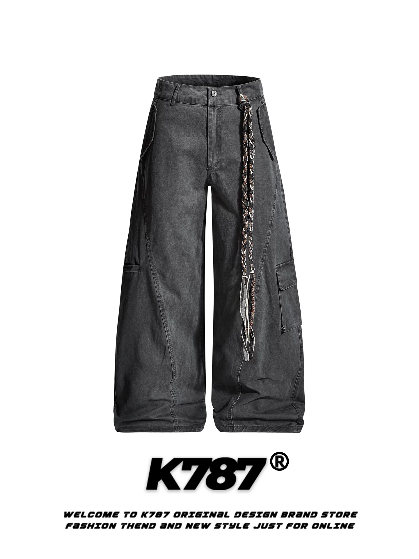 Quần dài ống rộng unisex kiểu Mỹ cổ điển, thiết kế nhiều túi, dáng rộng, cạp cao, dài chấm đất, phong cách đường phố, mã K787