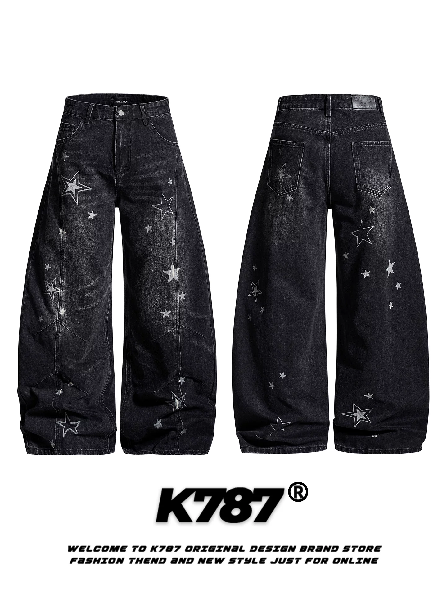 Quần jeans unisex K787 kiểu Mỹ cổ điển, họa tiết sao, rách, dáng rộng, cạp cao, phong cách thường ngày, ống rộng, kiểu dáng thời thượng