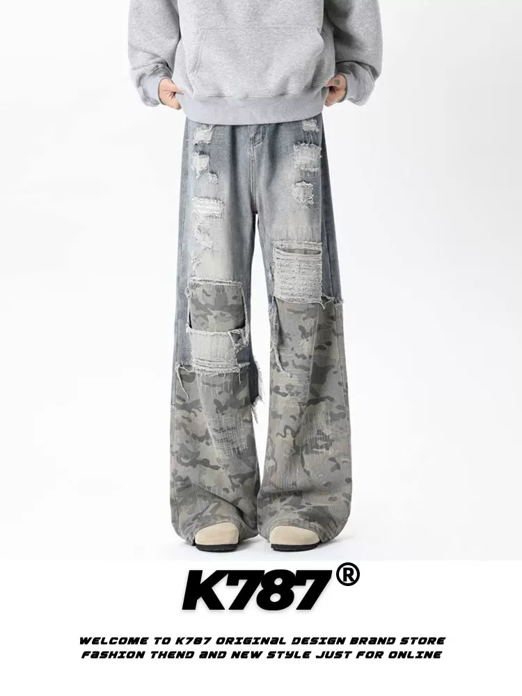 Quần jeans denim xước kiểu Mỹ cổ điển K787, phối vải vá, chất liệu chải mềm, unisex, dáng rộng, thêu họa tiết rằn ri, phong cách thường ngày, ống thẳng