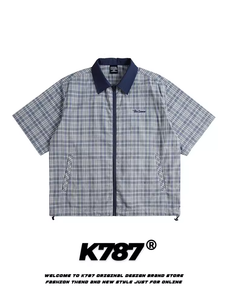 Áo sơ mi ngắn tay kiểu Mỹ cổ điển K787, phối họa tiết ca rô, viền phối màu, dành cho nam và nữ, có dây buộc ở gấu, dáng rộng, kiểu cardigan nửa tay, thích hợp đi làm.