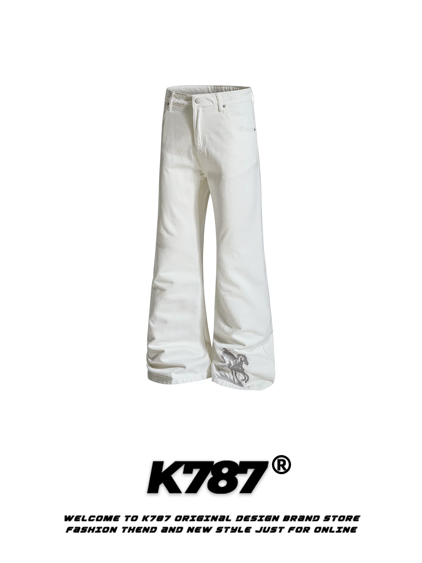 Quần âu rộng thùng thình thêu ngựa chiến cổ điển Mỹ K787, unisex, lưng cao, thời trang, tôn dáng, dài chấm đất